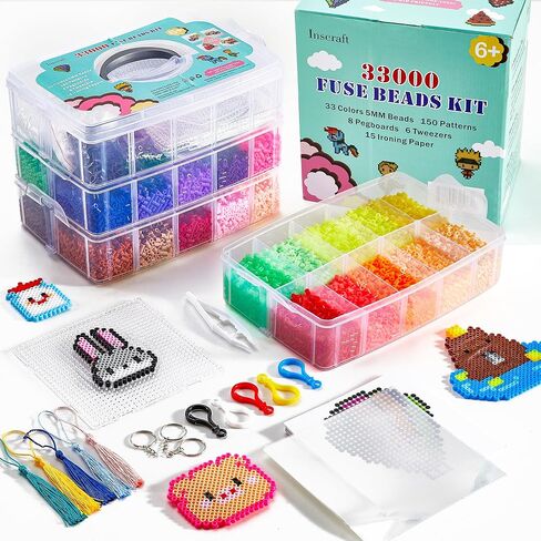 23,000 pcs Fuse Beads Kit for Kids Crafts, 30 Colors Iron Beads Set with 3 Pegboards, 5 Ironing Paper, 10 Patterns, Gifts for Birthday Christmas, Multicolor 5mm Melty Beads Bulk Refill Kit by Inscraft in Kuwait