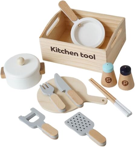 Wooden Toy Cooking Set Cookware Utensils Toy Frying Pan Cutting Board Play Dishes for for Kids Girls in Kuwait
