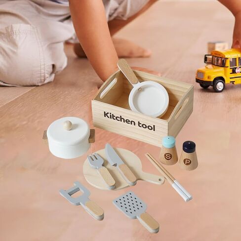 Wooden Toy Cooking Set Cookware Utensils Toy Frying Pan Cutting Board Play Dishes for for Kids Girls in Kuwait