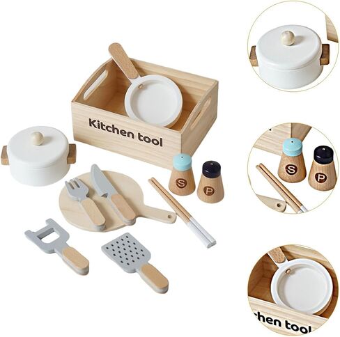 Wooden Toy Cooking Set Cookware Utensils Toy Frying Pan Cutting Board Play Dishes for for Kids Girls in Kuwait