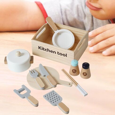 Wooden Toy Cooking Set Cookware Utensils Toy Frying Pan Cutting Board Play Dishes for for Kids Girls in Kuwait
