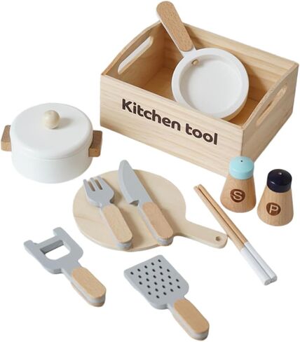 Wooden Toy Cooking Set Cookware Utensils Toy Frying Pan Cutting Board Play Dishes for for Kids Girls in Kuwait