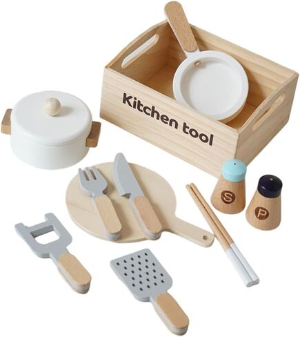 Wooden Toy Cooking Set Cookware Utensils Toy Frying Pan Cutting Board Play Dishes for for Kids Girls in Kuwait