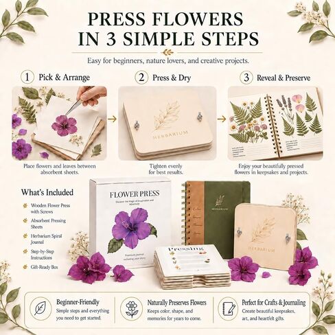WOKK Flower Press Kit with Herbarium Journal, Compact 8.7" Flower Press in Kuwait