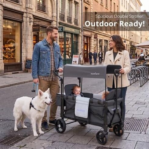 MOMFANN Stroller Wagon for Kids, Double Wagon Stroller Toddlers, All-Terrain Baby Wagon with Canopy & 2 Seaters, Adjustable Handle & Pull Bar for Infants and Toddlers, Gray in Kuwait