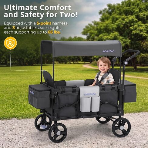 MOMFANN Stroller Wagon for Kids, Double Wagon Stroller Toddlers, All-Terrain Baby Wagon with Canopy & 2 Seaters, Adjustable Handle & Pull Bar for Infants and Toddlers, Gray in Kuwait