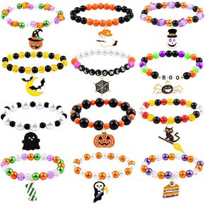 DULEFUN 12pcs Halloween Bracelets for Kids, Halloween Party Favors Bead Bracelets and Charms Set Trick or Treat for Boys Girls Halloween Goodie Bag Fillers in Kuwait