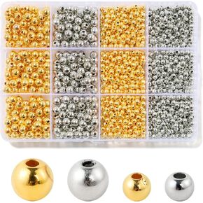 1100 Pcs Smooth Round Beads - 3/4/6/8mm Gold Spacer Loose Ball Bead Kits for Bracelet Jewelry Making in Saudi Arabia