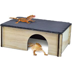 PINVNBY Bearded Dragon Basking Platform, Wood Reptile Hides and Caves, Crested Gecko Hide with Slate Rock, Leopard Gecko Tank Accessories for Small Lizard Snake (M: 9.84x5.9x2.76 inches) in Kuwait