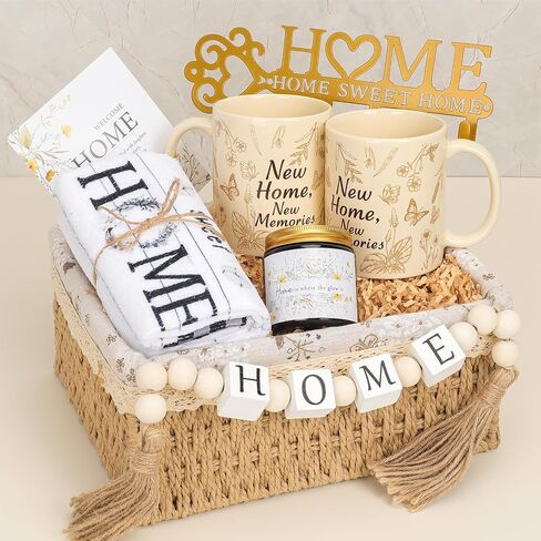 Housewarming Gifts New Home, New Home Gift Basket for Homeowners, Cozy House Warming Gift Set with Mugs, Kitchen Towels & Key Holder, Realtor Closing Gifts for Home Buyers Homeowner in Saudi Arabia