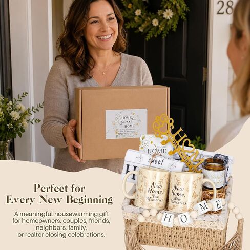 Housewarming Gifts New Home, New Home Gift Basket for Homeowners, Cozy House Warming Gift Set with Mugs, Kitchen Towels & Key Holder, Realtor Closing Gifts for Home Buyers Homeowner in Saudi Arabia
