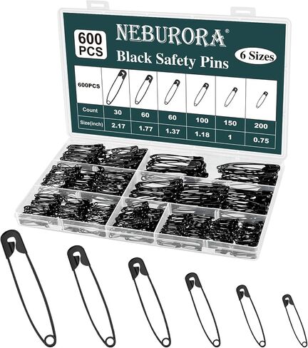 NEBURORA 600 Pcs Black Safety Pin Assorted 6 Different Sizes in Saudi Arabia