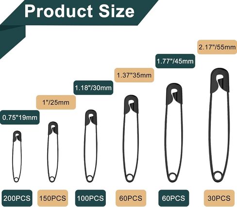 NEBURORA 600 Pcs Black Safety Pin Assorted 6 Different Sizes in Saudi Arabia