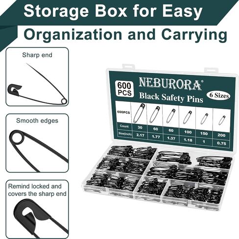 NEBURORA 600 Pcs Black Safety Pin Assorted 6 Different Sizes in Saudi Arabia