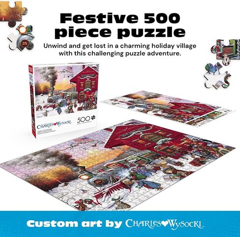 Buffalo Games - Charles Wysocki - Whistle Stop Christmas - 500 Piece Jigsaw Puzzle Red, Violet, Green, 21.25"L X 15"W in Kuwait