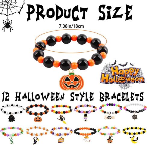 DULEFUN 12pcs Halloween Bracelets for Kids, Halloween Party Favors Bead Bracelets and Charms Set Trick or Treat for Boys Girls Halloween Goodie Bag Fillers in Kuwait