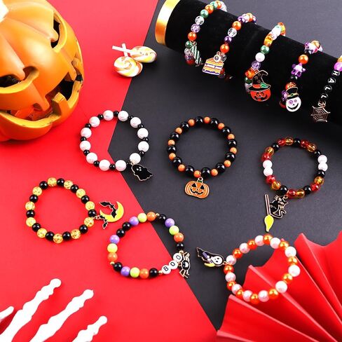 DULEFUN 12pcs Halloween Bracelets for Kids, Halloween Party Favors Bead Bracelets and Charms Set Trick or Treat for Boys Girls Halloween Goodie Bag Fillers in Kuwait