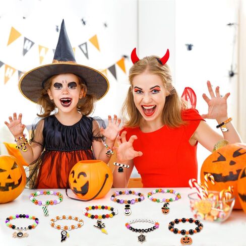 DULEFUN 12pcs Halloween Bracelets for Kids, Halloween Party Favors Bead Bracelets and Charms Set Trick or Treat for Boys Girls Halloween Goodie Bag Fillers in Kuwait