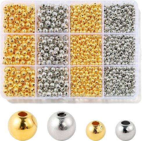 1100 Pcs Smooth Round Beads - 3/4/6/8mm Gold Spacer Loose Ball Bead Kits for Bracelet Jewelry Making in Saudi Arabia