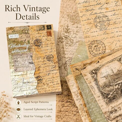 160 Sheets Vintage Scrapbook Paper Pack, Lightweight Decorative Paper Unique Designs, Junk Journal Supplies for Scrapbooking, Journaling, Decoupage, Collage, Card Making and DIY Crafts in Kuwait