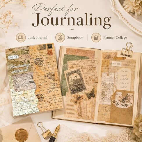 160 Sheets Vintage Scrapbook Paper Pack, Lightweight Decorative Paper Unique Designs, Junk Journal Supplies for Scrapbooking, Journaling, Decoupage, Collage, Card Making and DIY Crafts in Kuwait