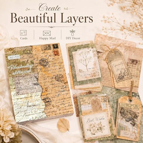 160 Sheets Vintage Scrapbook Paper Pack, Lightweight Decorative Paper Unique Designs, Junk Journal Supplies for Scrapbooking, Journaling, Decoupage, Collage, Card Making and DIY Crafts in Kuwait