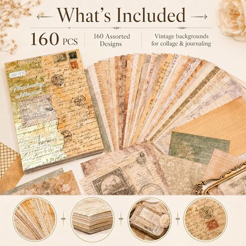 160 Sheets Vintage Scrapbook Paper Pack, Lightweight Decorative Paper Unique Designs, Junk Journal Supplies for Scrapbooking, Journaling, Decoupage, Collage, Card Making and DIY Crafts in Kuwait