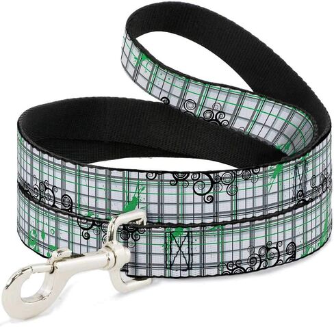 Buckle-Down Pet Leash - Plaid Curls White/Black/Gray/Green - 4 Feet Long - 1" Wide in Saudi Arabia