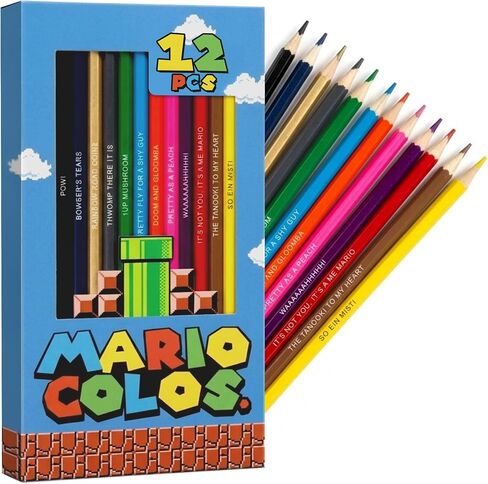 Mario Colos. Colored Pencil Set for Fans | Set of 12 Mario-Inspired Parody Pencils | Each Color Pencil is Foil-Stamped with Clever Game References | Great Gift for Fans & Gamers in Kuwait