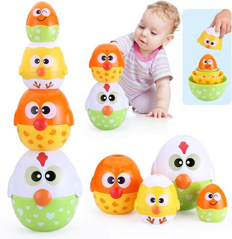 MOONTOY Chicken Toddler Easter Eggs Toys, Nesting Dolls Stacking Toys for Toddlers 1-3 Matching Shape Sorters Sensory Preschool Learning Baby Easter Basket Stuffers Gifts 6-12 12-18 Months, 1 Year Old in Kuwait