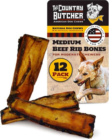 The Country Butcher 7" Rib Dog Bones for Small and Medium Breed Dogs, Natural, Tough, Dental Treat, Chew Toy, Made in The USA, 12 Count in Kuwait