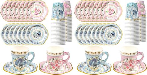 Floral Tea Party Cups and Saucers 24 Sets Paper Tea Cups with Handles Party Decoration in Kuwait