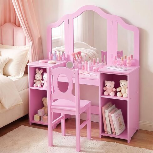 Kids Vanity, 2 in 1 Pink Wooden Dressing Table and Chair Set for Toddlers with Tri-Folding Detachable Mirror, Storage Shelves, Pretend Princess Beauty Make Up Play Set for Little Girls in Kuwait