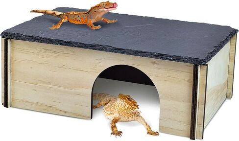 PINVNBY Bearded Dragon Basking Platform, Wood Reptile Hides and Caves, Crested Gecko Hide with Slate Rock, Leopard Gecko Tank Accessories for Small Lizard Snake (M: 9.84x5.9x2.76 inches) in Kuwait