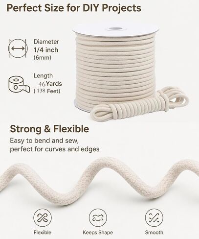 1/4" Cotton Piping Cord 6mm Natural Drawstring Cords | 46 YDs,Piping Cord for Sewing for Pillows,Bags and Other Soft Welt Applications in Saudi Arabia