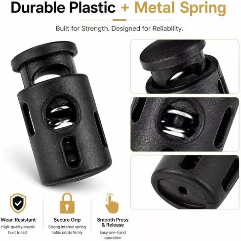 Black Plastic Cord Locks for Drawstrings, Single Hole Spring Toggle Stoppers in Kuwait