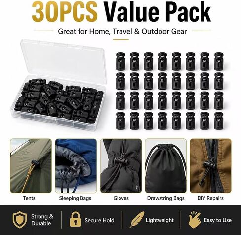 Black Plastic Cord Locks for Drawstrings, Single Hole Spring Toggle Stoppers in Kuwait