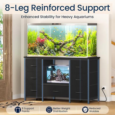 Snughome 55-75 Gallon Aquarium Stand with Power Outlet, Heavy Duty Fish Tank Stand with 7 Drawers, 8-Leg Reinforced Metal Frame, 850 lbs Capacity Fish Tank Cabinet with Storage, 51.3" L x 19.7" Top, Black in Saudi Arabia