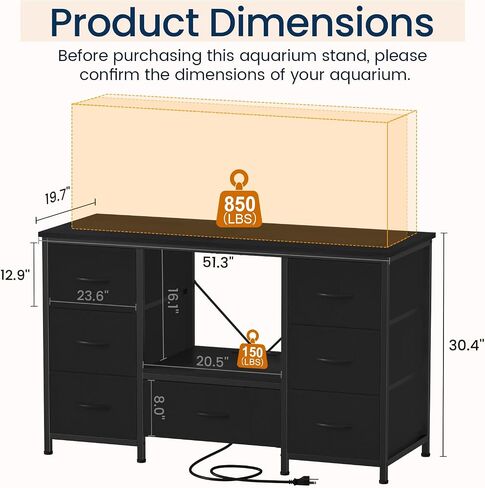 Snughome 55-75 Gallon Aquarium Stand with Power Outlet, Heavy Duty Fish Tank Stand with 7 Drawers, 8-Leg Reinforced Metal Frame, 850 lbs Capacity Fish Tank Cabinet with Storage, 51.3" L x 19.7" Top, Black in Saudi Arabia