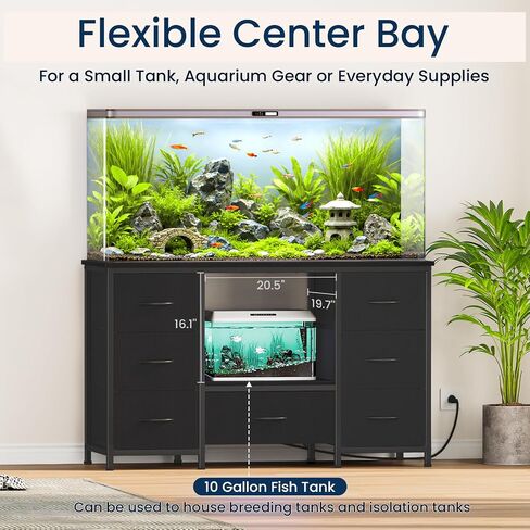 Snughome 55-75 Gallon Aquarium Stand with Power Outlet, Heavy Duty Fish Tank Stand with 7 Drawers, 8-Leg Reinforced Metal Frame, 850 lbs Capacity Fish Tank Cabinet with Storage, 51.3" L x 19.7" Top, Black in Saudi Arabia