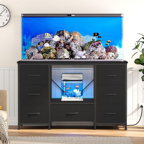 Snughome 55-75 Gallon Aquarium Stand with Power Outlet, Heavy Duty Fish Tank Stand with 7 Drawers, 8-Leg Reinforced Metal Frame, 850 lbs Capacity Fish Tank Cabinet with Storage, 51.3" L x 19.7" Top, Black in Saudi Arabia