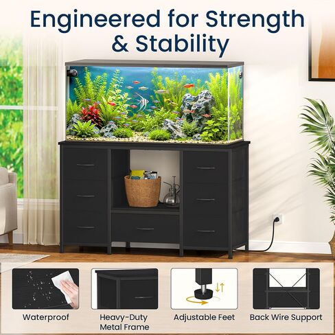 Snughome 55-75 Gallon Aquarium Stand with Power Outlet, Heavy Duty Fish Tank Stand with 7 Drawers, 8-Leg Reinforced Metal Frame, 850 lbs Capacity Fish Tank Cabinet with Storage, 51.3" L x 19.7" Top, Black in Saudi Arabia