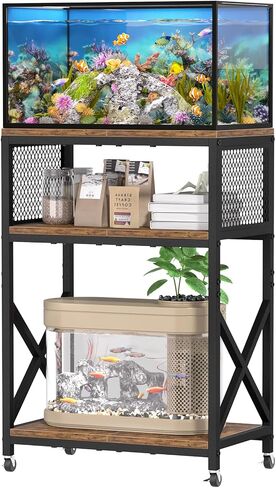 10 Gallon Aquarium Stand, 3-Tier Fish Tank Stand with Wheels, Heavy Duty Metal Frame with Mesh Side Panels and X-Brace, Compact & Wobble-Free, 220 lb Capacity, 20.5 "x 11.4 "x in, Rustic Brown in Kuwait