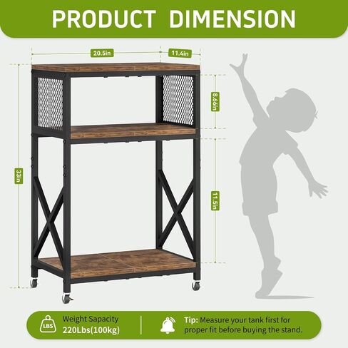 10 Gallon Aquarium Stand, 3-Tier Fish Tank Stand with Wheels, Heavy Duty Metal Frame with Mesh Side Panels and X-Brace, Compact & Wobble-Free, 220 lb Capacity, 20.5 "x 11.4 "x in, Rustic Brown in Kuwait