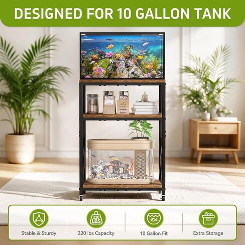 10 Gallon Aquarium Stand, 3-Tier Fish Tank Stand with Wheels, Heavy Duty Metal Frame with Mesh Side Panels and X-Brace, Compact & Wobble-Free, 220 lb Capacity, 20.5 "x 11.4 "x in, Rustic Brown in Kuwait