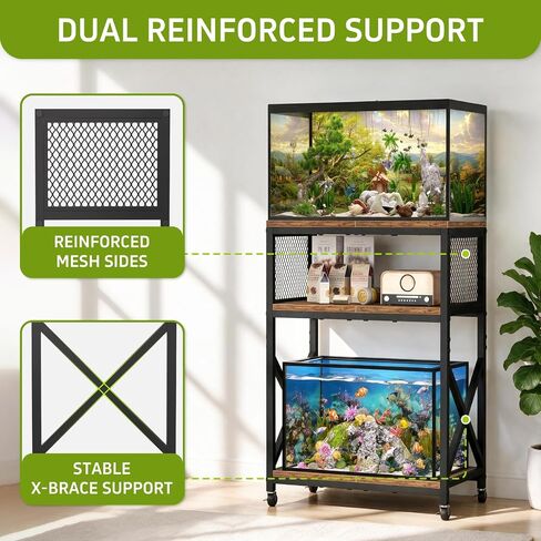 10 Gallon Aquarium Stand, 3-Tier Fish Tank Stand with Wheels, Heavy Duty Metal Frame with Mesh Side Panels and X-Brace, Compact & Wobble-Free, 220 lb Capacity, 20.5 "x 11.4 "x in, Rustic Brown in Kuwait