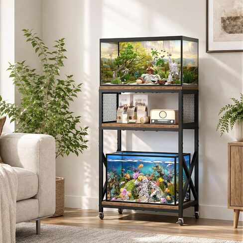 10 Gallon Aquarium Stand, 3-Tier Fish Tank Stand with Wheels, Heavy Duty Metal Frame with Mesh Side Panels and X-Brace, Compact & Wobble-Free, 220 lb Capacity, 20.5 "x 11.4 "x in, Rustic Brown in Kuwait