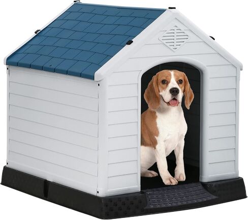 BestPet بيت كلب كبير معزول مقاس 28 بوصة، بيت كلب بلاستيكي متين للكلاب الصغيرة والمتوسطة والكبيرة في الأماكن المغلقة والخارجية، قفص للحيوانات الأليفة مقاوم للماء مع فتحات تهوية وأرضية مرتفعة، أزرق in Kuwait