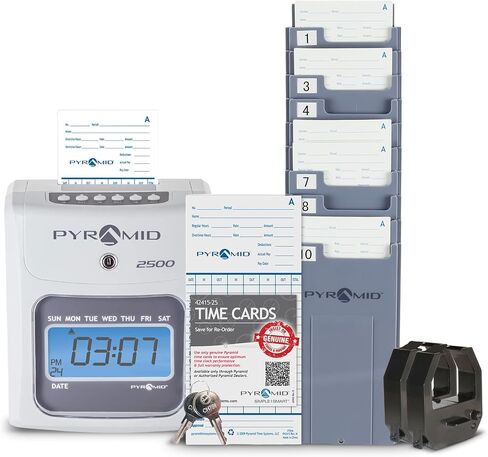 حزمة Pyramid Time Systems 2500K1، تتضمن الطراز 2500 وحامل بطاقات ذات 10 فتحات ومفتاحي أمان وشريط بديل أصلي 42416 لساعات زمنية 2600 و2650، يدوم 60% أطول من in Kuwait