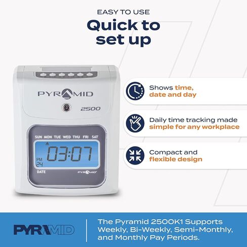 حزمة Pyramid Time Systems 2500K1، تتضمن الطراز 2500 وحامل بطاقات ذات 10 فتحات ومفتاحي أمان وشريط بديل أصلي 42416 لساعات زمنية 2600 و2650، يدوم 60% أطول من in Kuwait